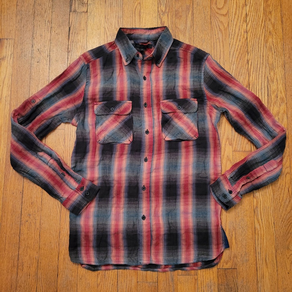 Standard Cloth S Button Down Red Plaid Roll Tab Sleeve Shirt Flannel Cozy Rustic